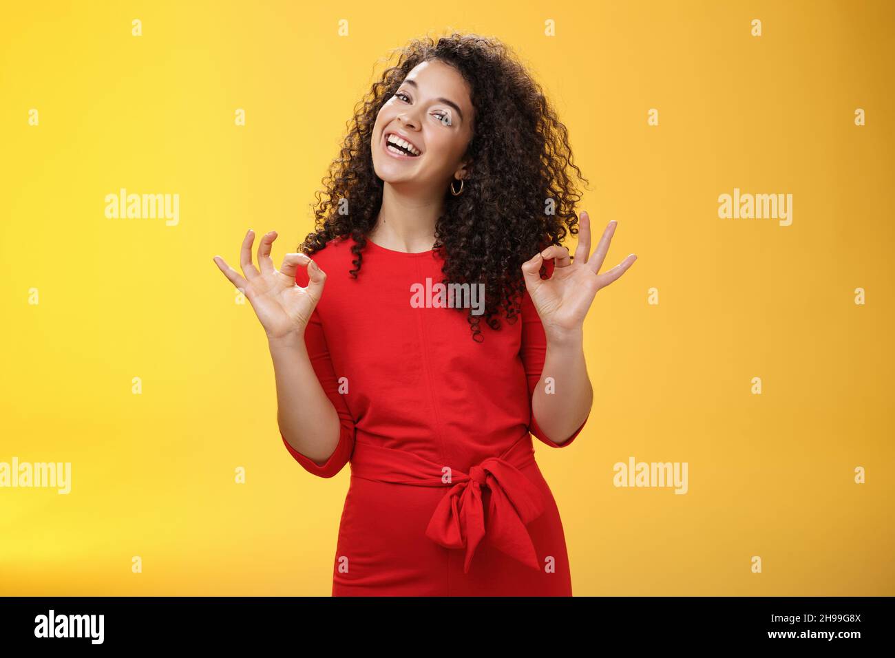 Charming girl living dream standing happy and satisfied as liking new