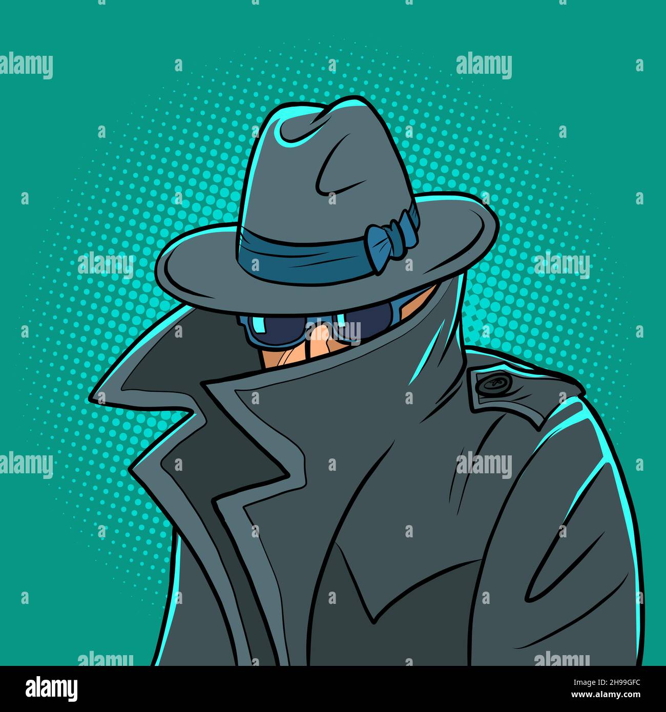 spy in a raincoat, hat and black glasses, covered face Stock Vector