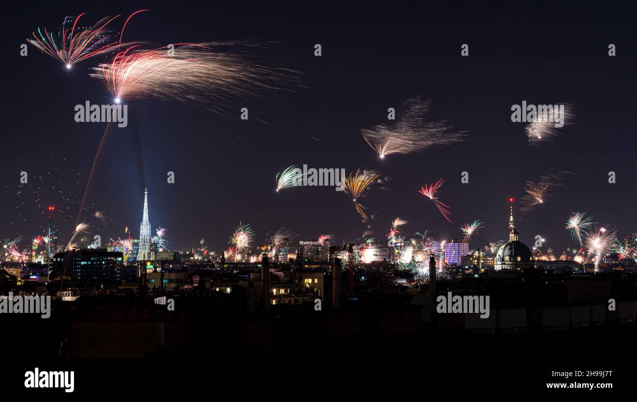 New Years Eve fireworks over Vienna, Austria with St. Stephen's