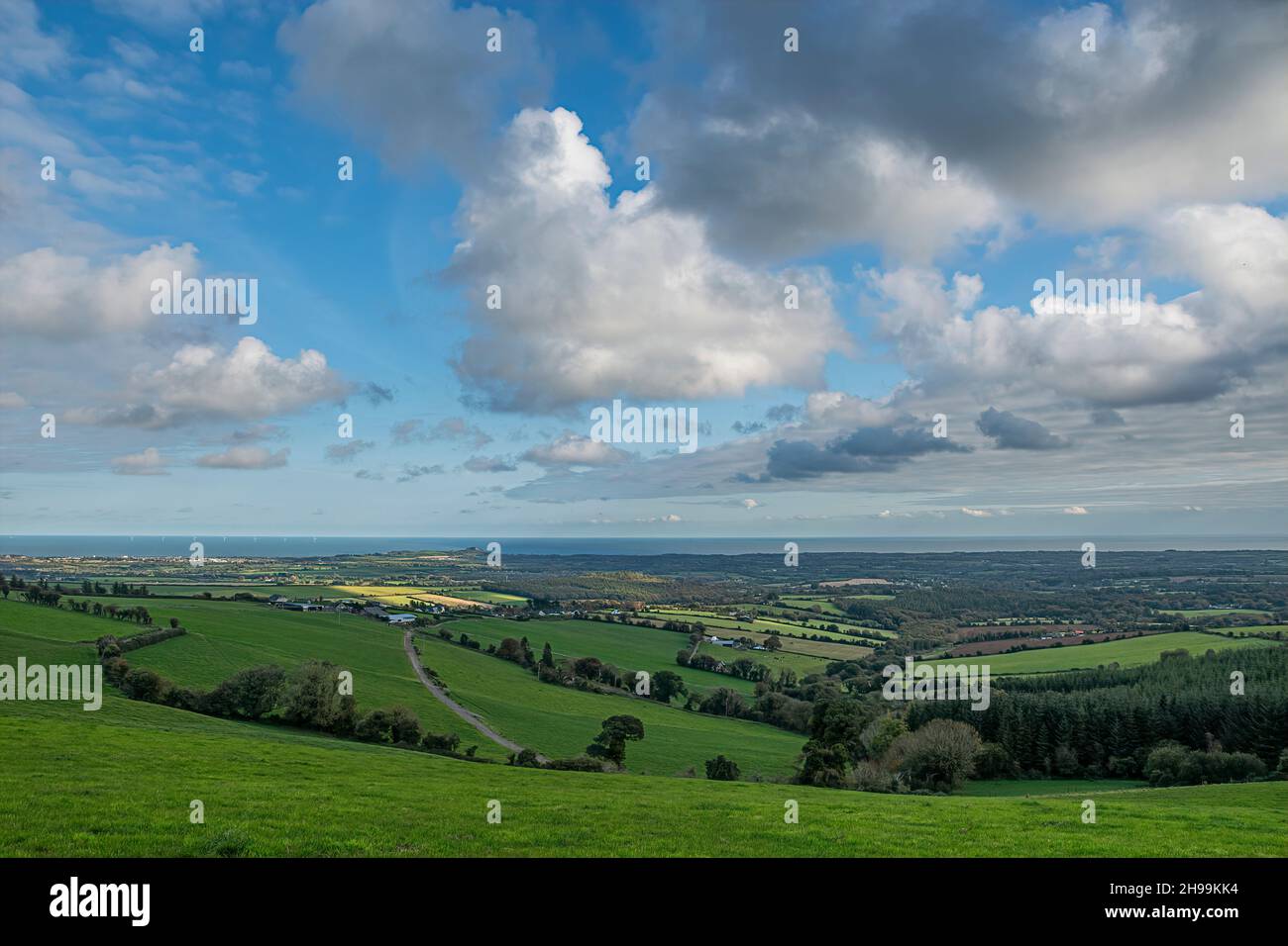 Irish landscapes. Panoramic view from Croghan Mountain, Raheenleagh, near Moneyribbon village. Co. Wexford. Ireland. Stock Photo