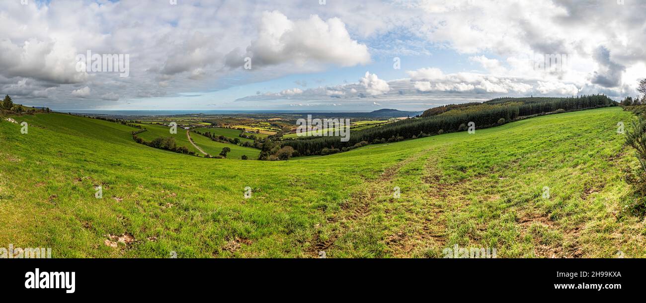 Irish landscapes. Panoramic view from Croghan Mountain, Raheenleagh, near Moneyribbon village. Co. Wexford. Ireland. Stock Photo