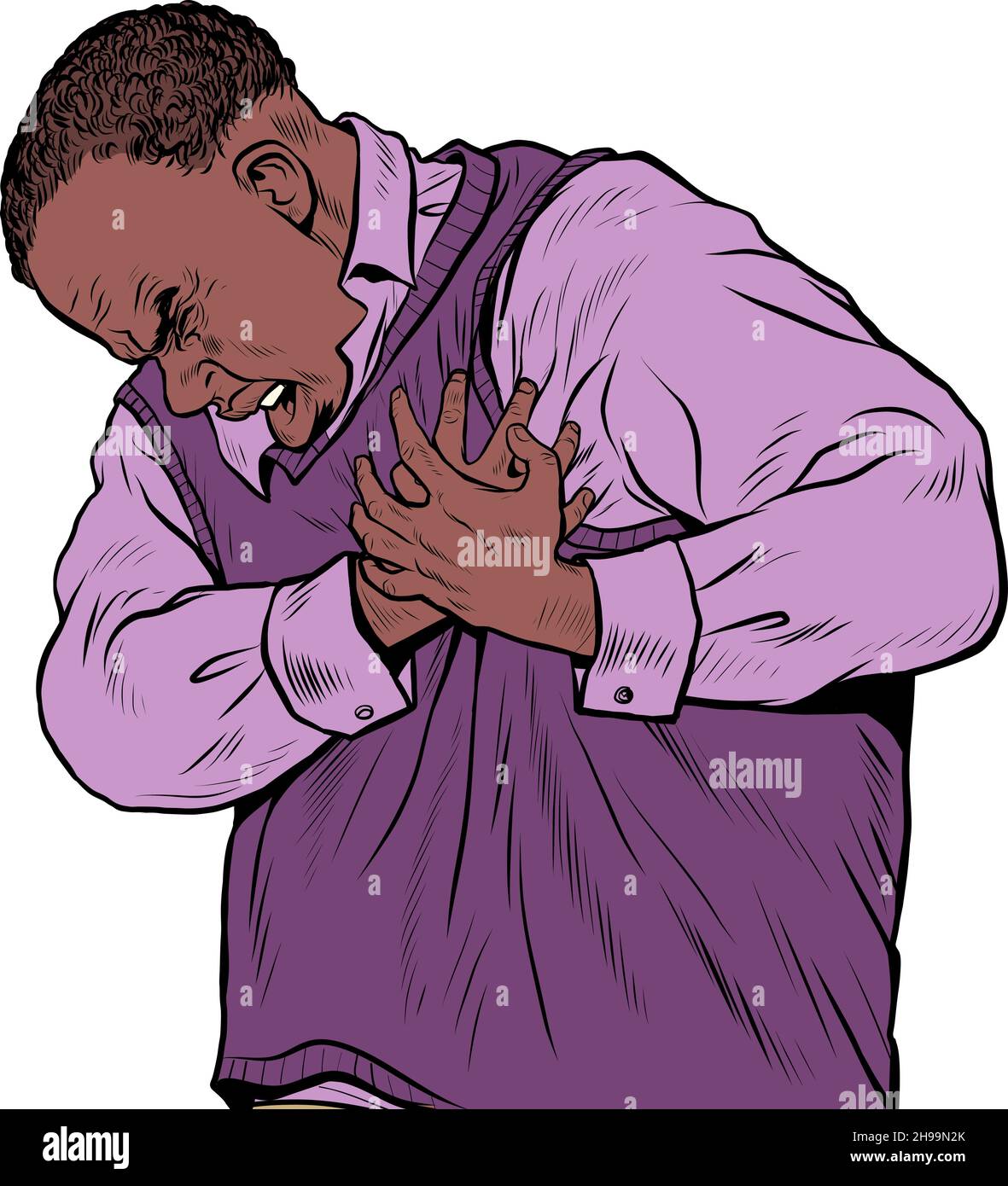 african elderly man heart pain, myocardial infarction hypertensive crisis arrhythmia and other diseases of cardiology Stock Vector