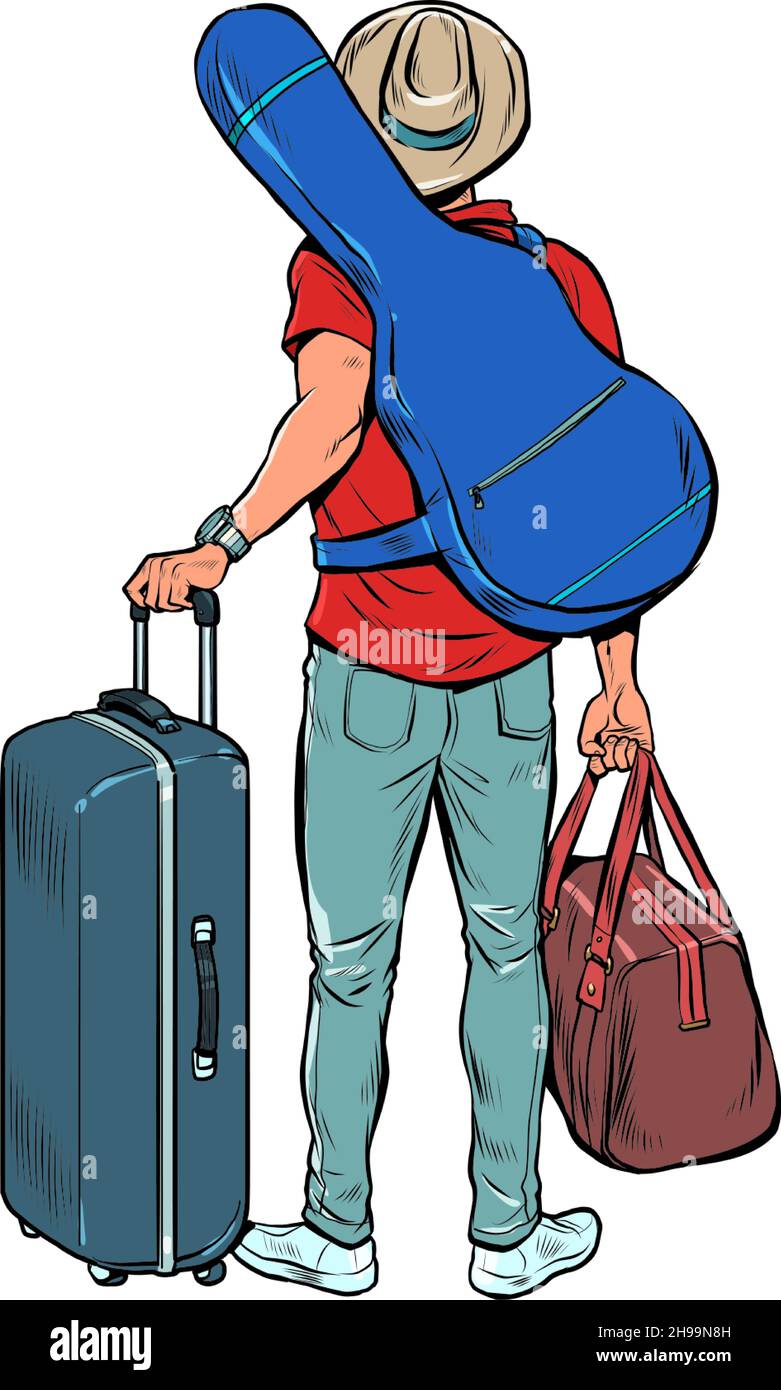a young man with a guitar is a traveler flying on tour, luggage at the airport. Creative trip Stock Vector