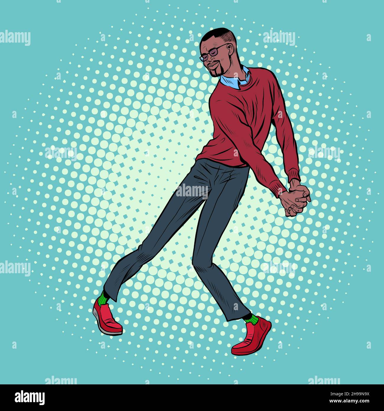 african young man dancing, stylish clothes. Freedom and fan, love of music Stock Vector