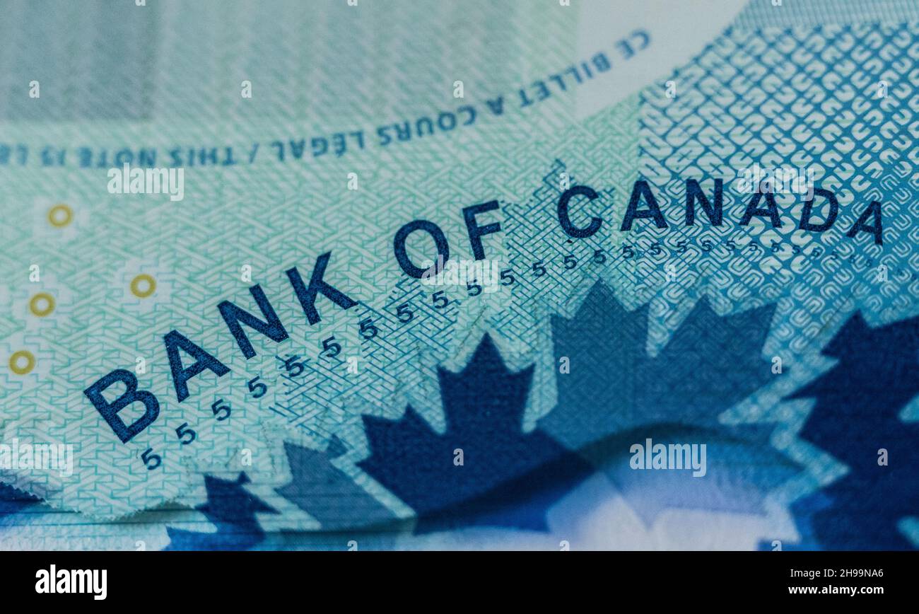 Rottweil, Germany. 04th Dec, 2021. The writing 'BANK OF CANADA' is on a Canadian 5 dollar bill. Credit: Silas Stein//dpa/Alamy Live News Stock Photo