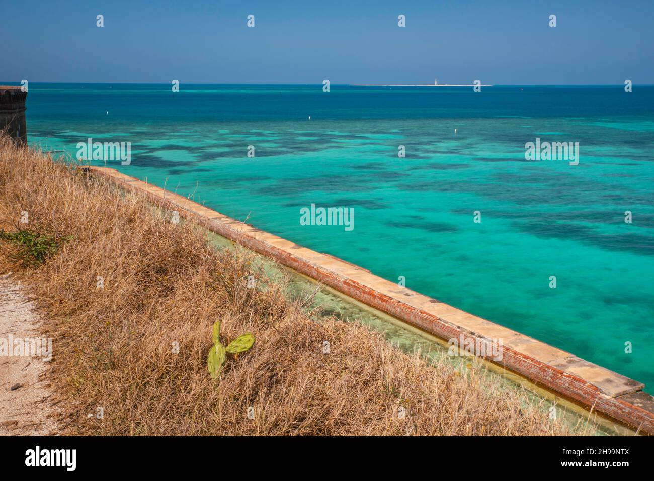 Fort exterior from the parapet with Loggerhead Key in the distance. Dry