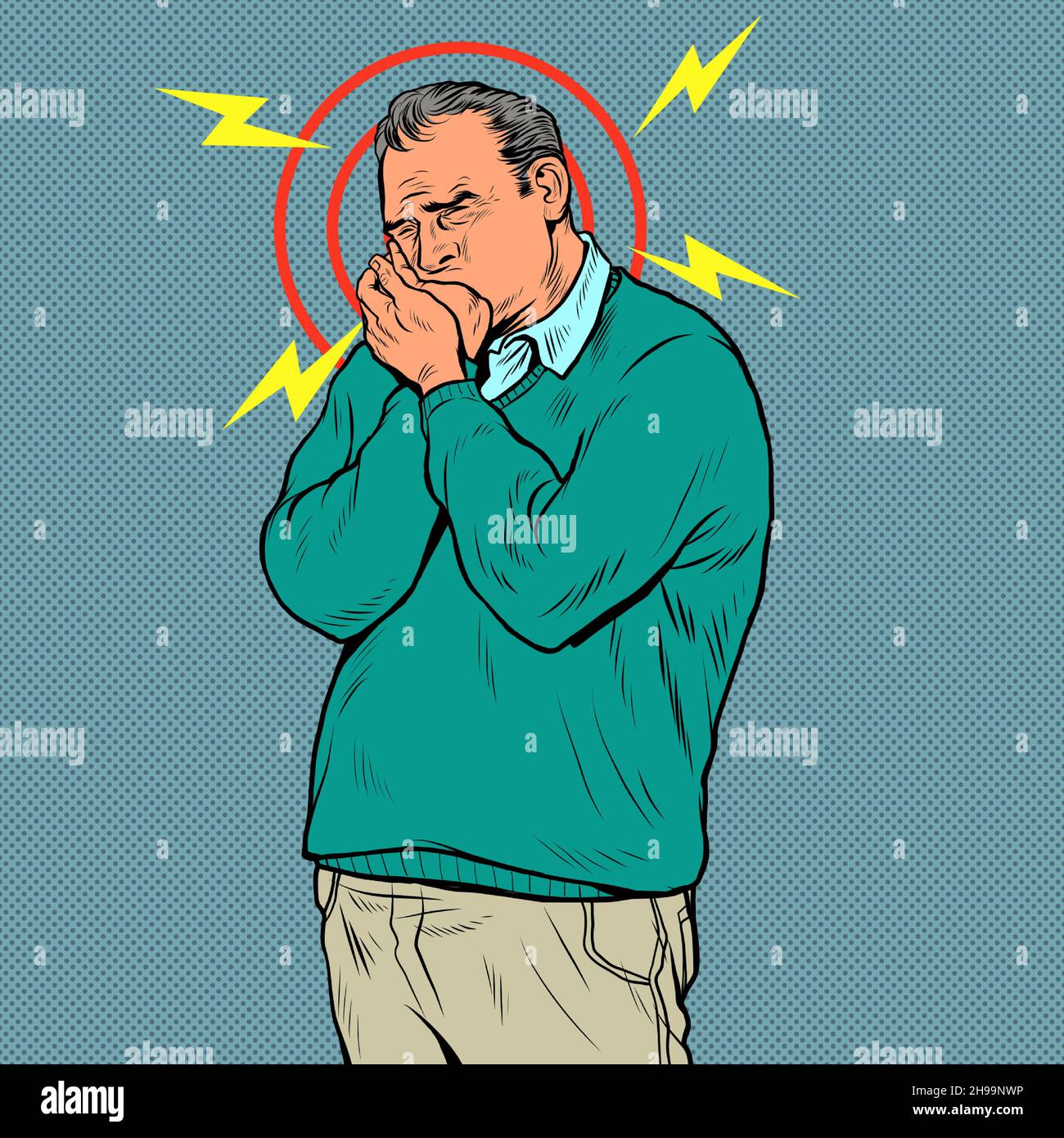 an elderly man toothache, aching pain in the teeth and jaw. Caries