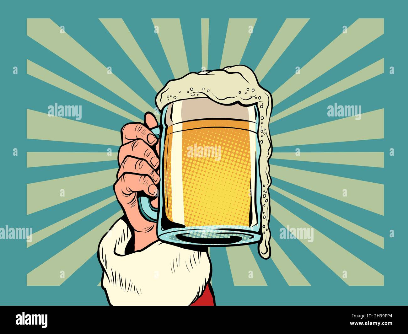 Santa Claus with a beer mug. Pub or bar, a fun party. Christmas and New Year, winter seasonal holiday in December Stock Vector