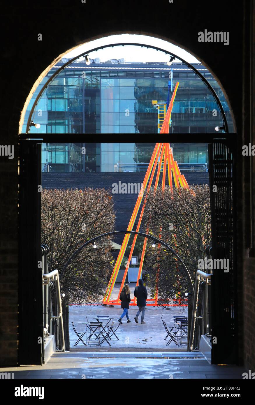 The 2021 Christmas tree on Granary Square, titled Temenos, and designed by Liliane Lijn, at
