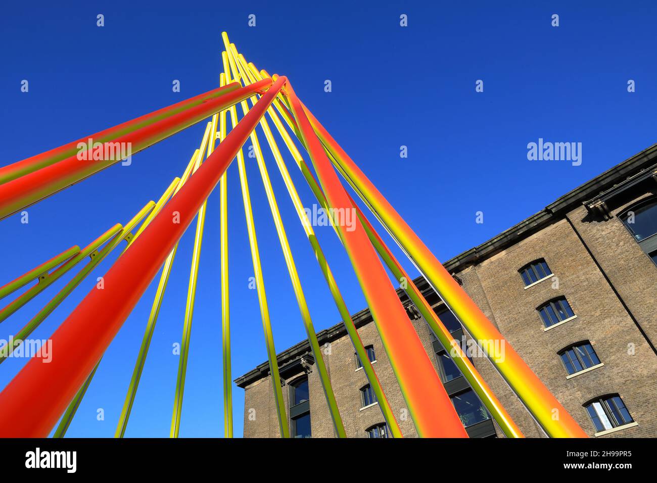 The 2021 Christmas tree on Granary Square, titled Temenos, and designed by Liliane Lijn, at