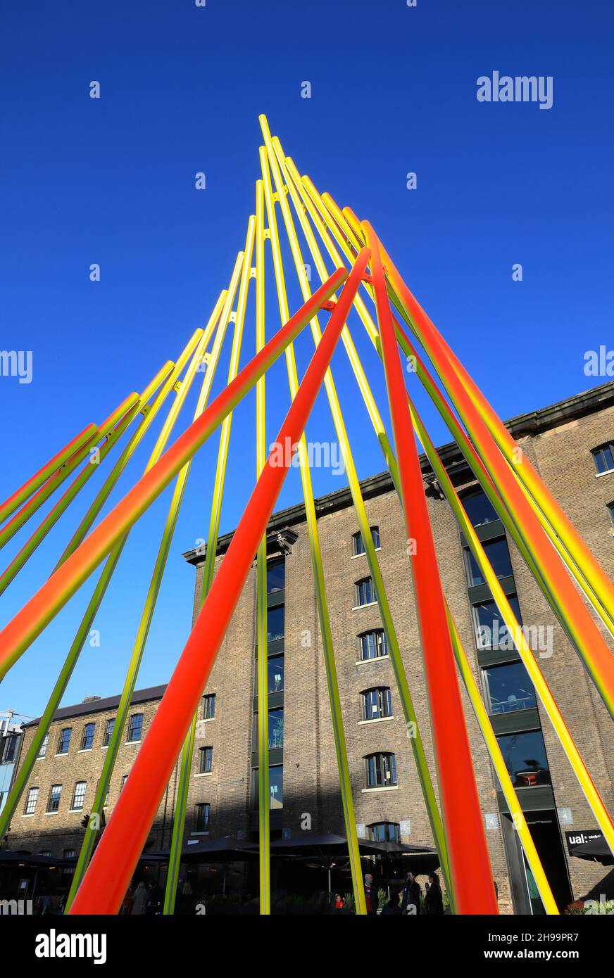 The 2021 Christmas tree on Granary Square, titled Temenos, and designed by Liliane Lijn, at