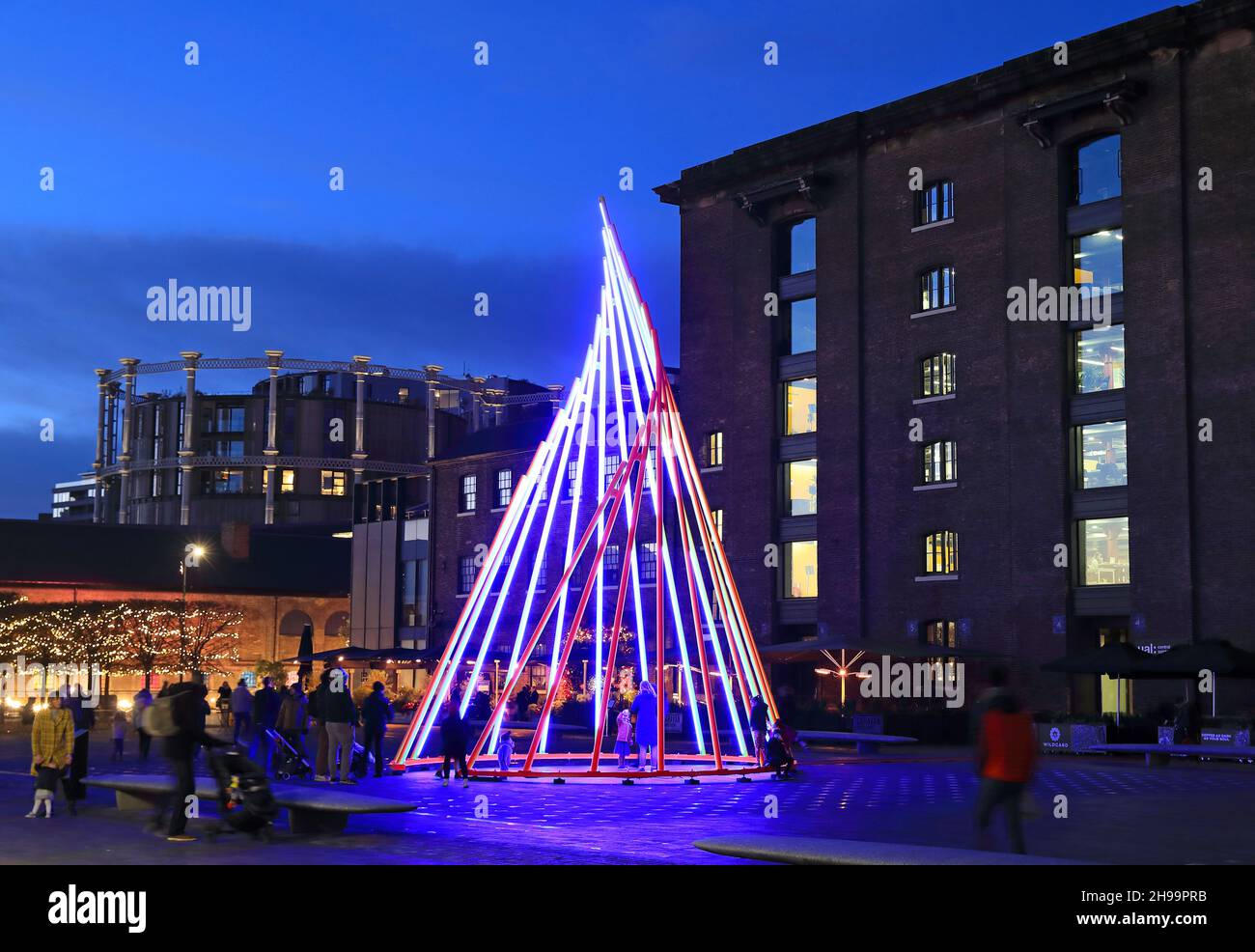 The 2021 Christmas tree on Granary Square, titled Temenos, and designed by Liliane Lijn, at