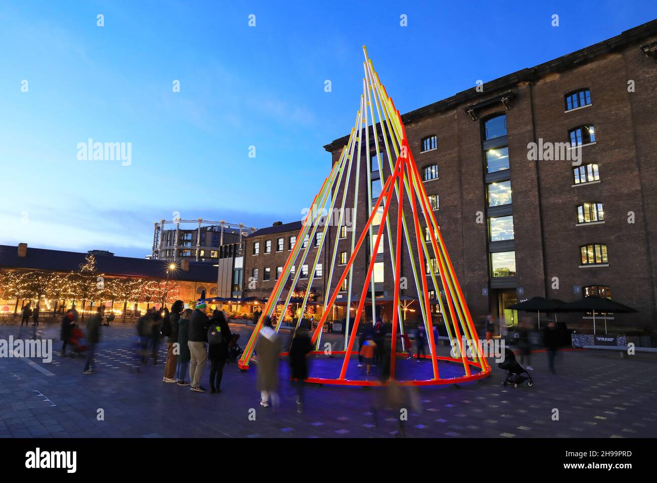 The 2021 Christmas tree on Granary Square, titled Temenos, and designed by Liliane Lijn, at