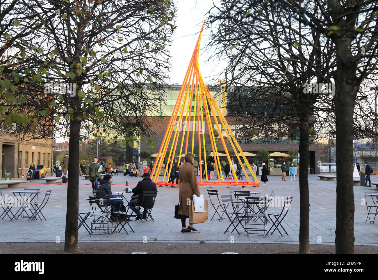 The 2021 Christmas tree on Granary Square, titled Temenos, and designed by Liliane Lijn, at
