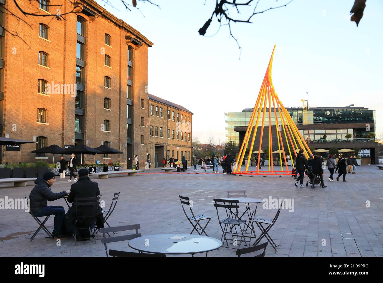 The 2021 Christmas tree on Granary Square, titled Temenos, and designed by Liliane Lijn, at