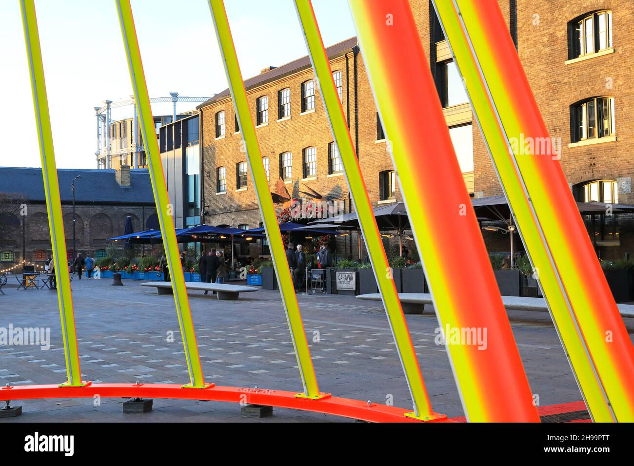 The 2021 Christmas tree on Granary Square, titled Temenos, and designed by Liliane Lijn, at