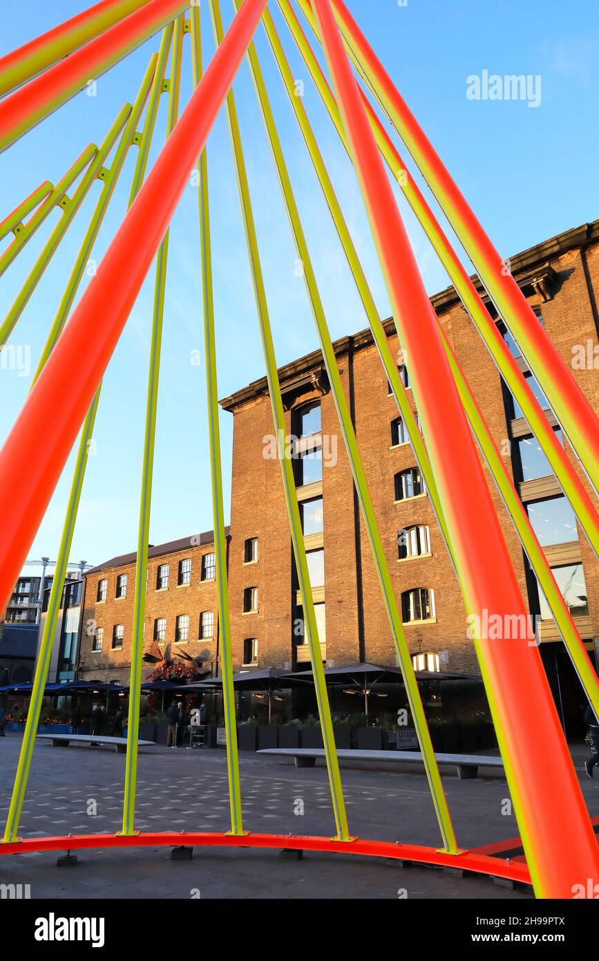 The 2021 Christmas tree on Granary Square, titled Temenos, and designed by Liliane Lijn, at