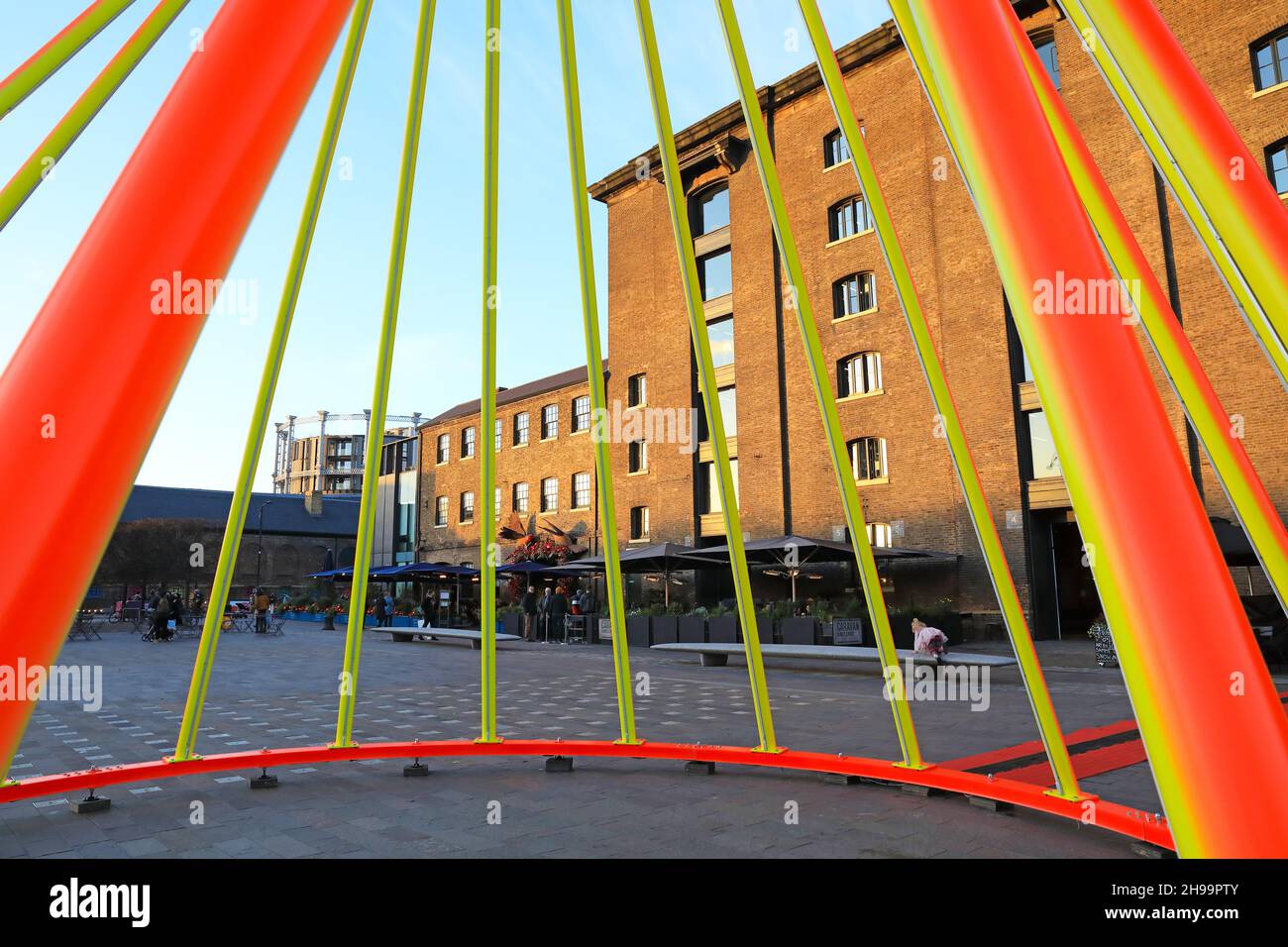 The 2021 Christmas tree on Granary Square, titled Temenos, and designed by Liliane Lijn, at