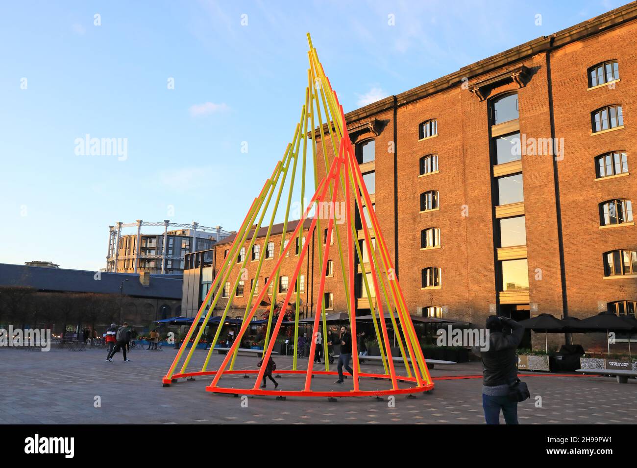 The 2021 Christmas tree on Granary Square, titled Temenos, and designed by Liliane Lijn, at