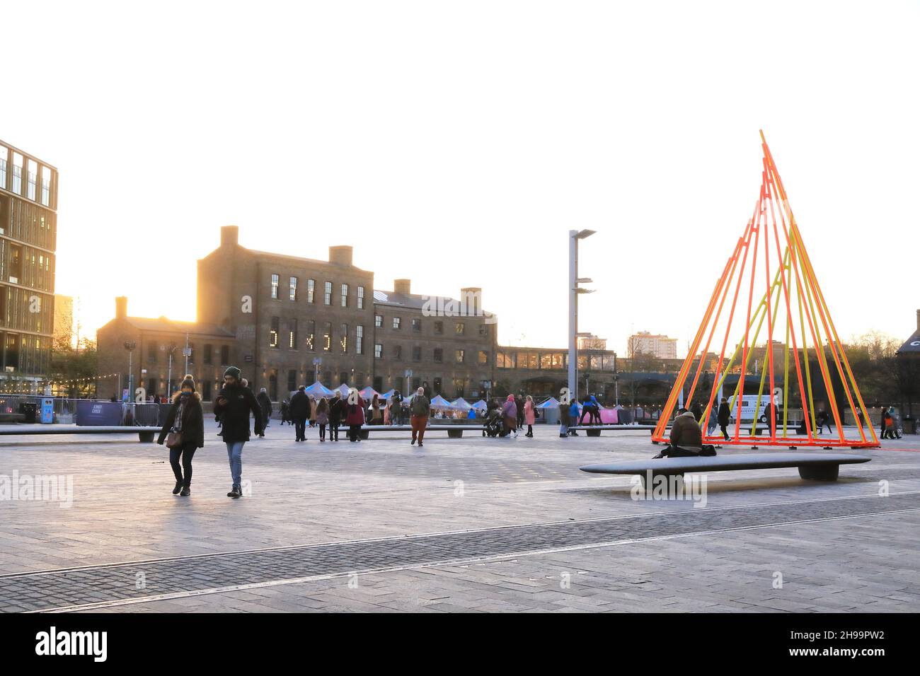 The 2021 Christmas tree on Granary Square, titled Temenos, and designed by Liliane Lijn, at