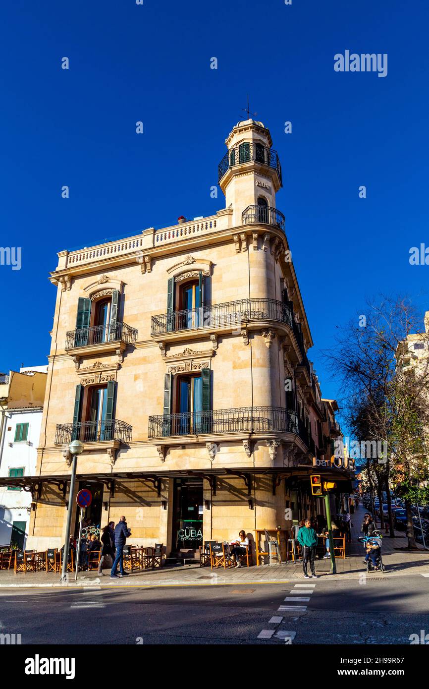 Early 20th century facade of Hotel Hostal Cuba in the Santa Catalina neighbourhood of Palma, Mallorca, Spain Stock Photo