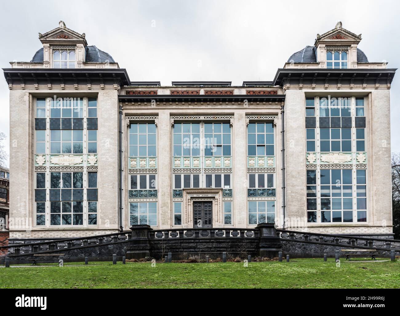 Ixelles, Brussels Capital Region, 02 15 2018: White neo classical facade of the Emile Jacqmain lyceum high school in the European district, Leopold Pa Stock Photo