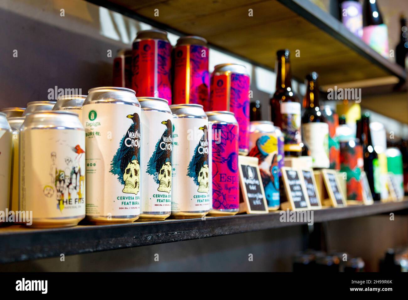 Selection of craft beers on a shelf at Del Mon Beer Shop, Palma, Mallorca, Spain Stock Photo