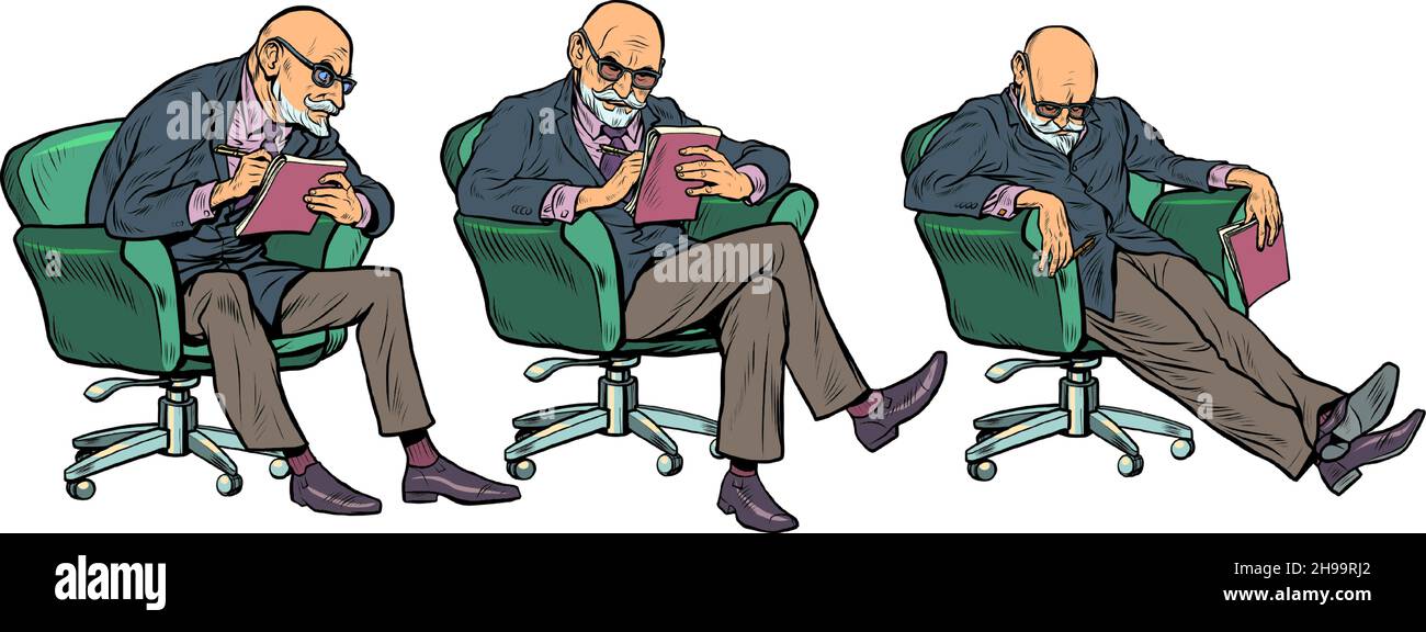 A set of psychotherapists in a chair in different poses. Male psychiatrist Stock Vector