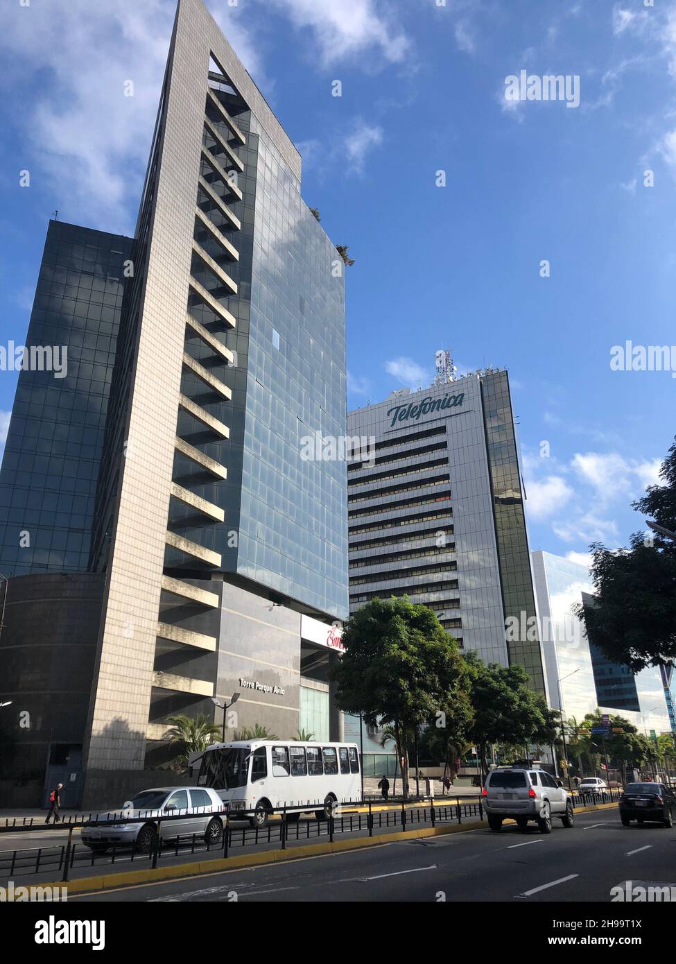 The exterior and logo of modern building of telecommunications operator Telefonica Movistar headquarters in Caracas Stock Photo