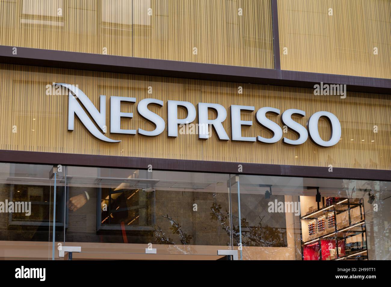 Edinburgh, Scotland- Nov 20, 2021:  The sign for Nespresso store in Edinburgh. Stock Photo