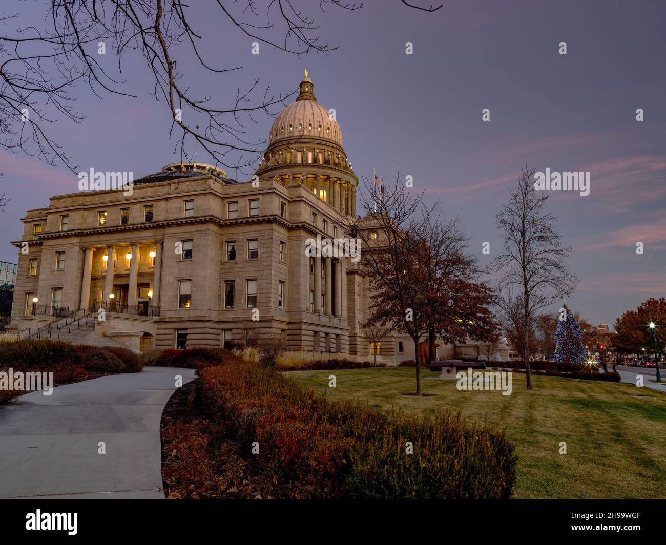 Holiday Christmas tree in the front of Idaho Capital Stock Photo