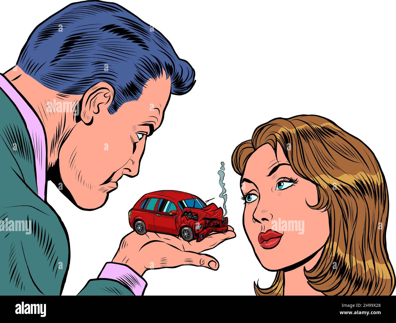 A man blames a woman for a car accident. Insurance agent. A red car crashed in an accident. Passenger transport. Danger on the road Stock Vector