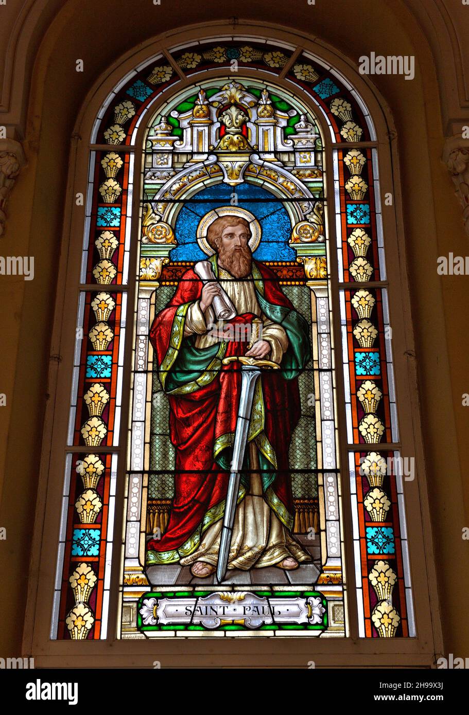 Stained glass of the apostle SaintPaul in a church in Quebec city