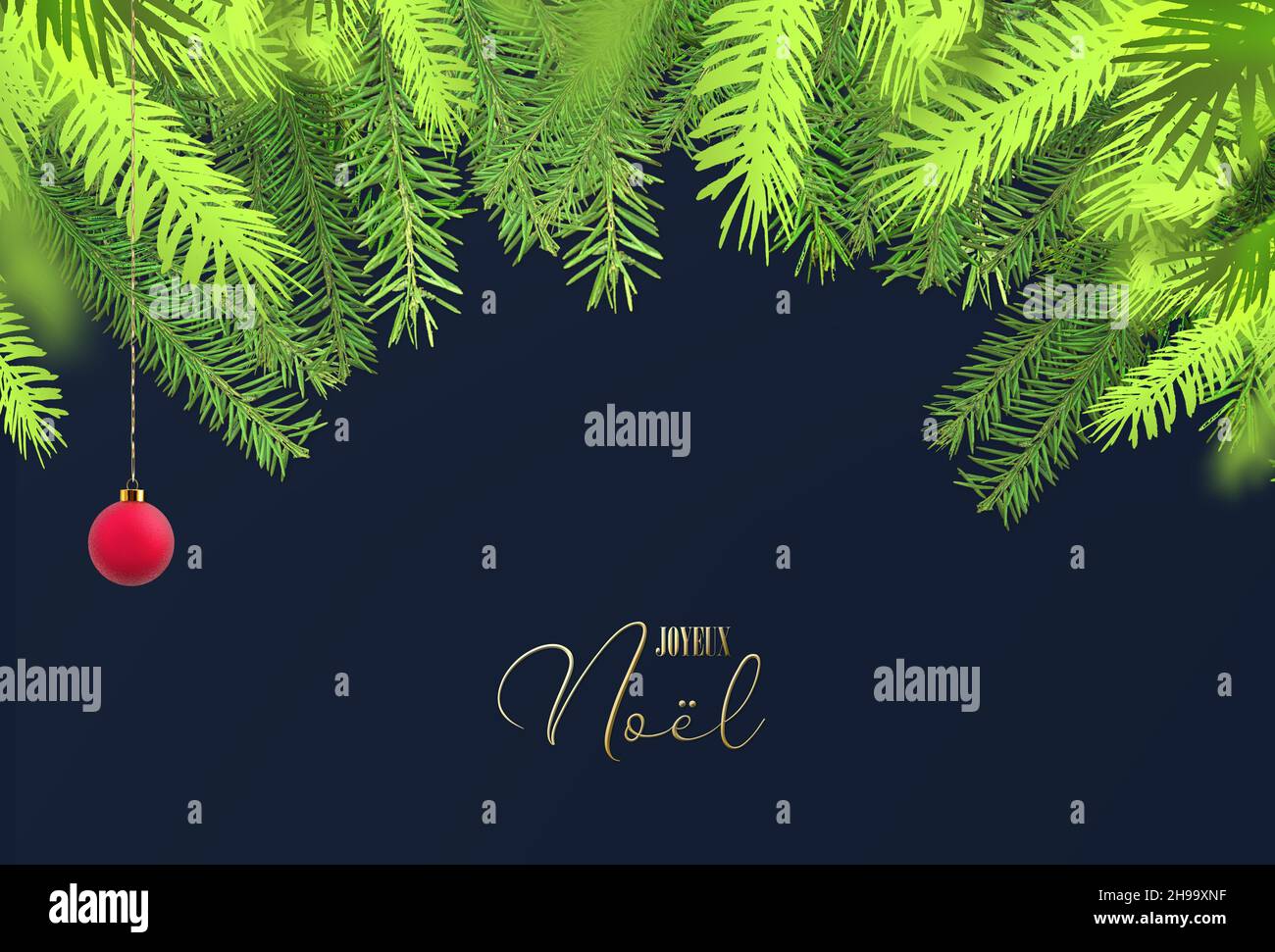 French Noel. Elegant Christmas Greeting Card, Design Of Blue Gold Xmas Baubles With Hanging Gold Word Noel. Creative Design Greeting Card, Banner, Poster, Realistic 3D Illustration Stock Photo - Alamy