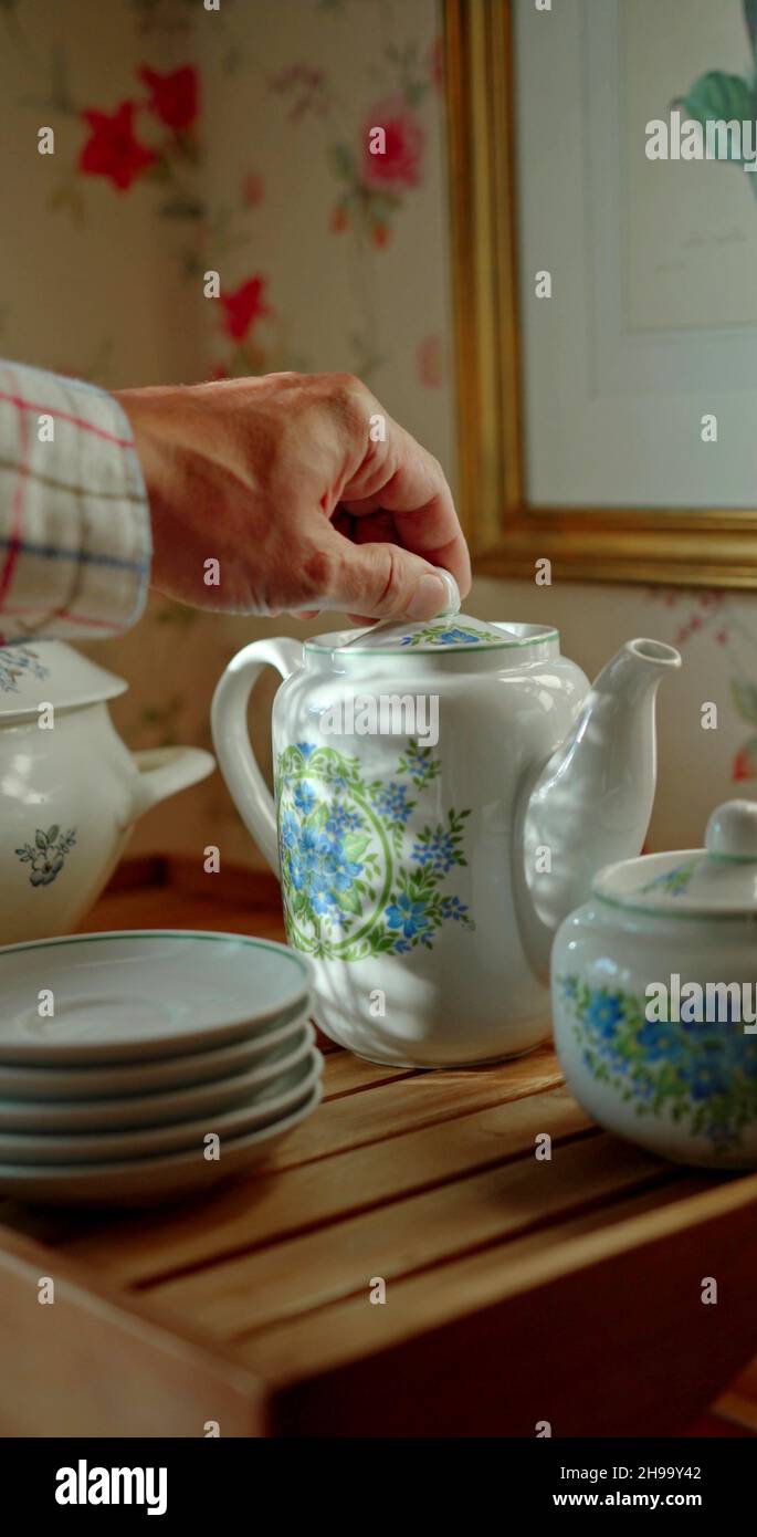 Hand of a man who is using a tea service Stock Photo