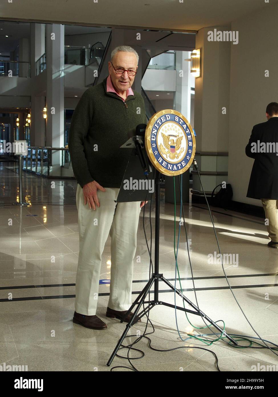 December 5, 2021, New York, New York, USA: New York Senator Charles ''Chuck'' Schumer press conference on  COVIDâ€™s Omicron variant spreading, U.S. Senator Charles Schumer said the key to controlling it centers around the at-home tests now for sale across the country. Schumer praised President Biden for prepping a plan to be released on January 15th that will have insurance companies reimburse for the cost of an at-home testâ€”but, he said, while we wait, he wants a surge of rapid at-home tests sent to New York community health centers and their mobile sites, across the City and Long Island. Stock Photo