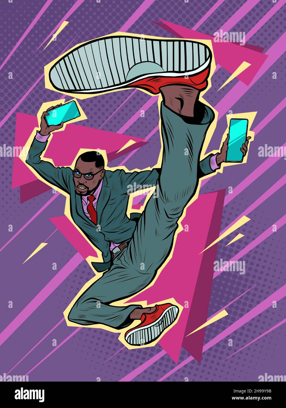 kick jump black businessman with smartphone, success energy leader. Martial arts, karate and Wushu Stock Vector