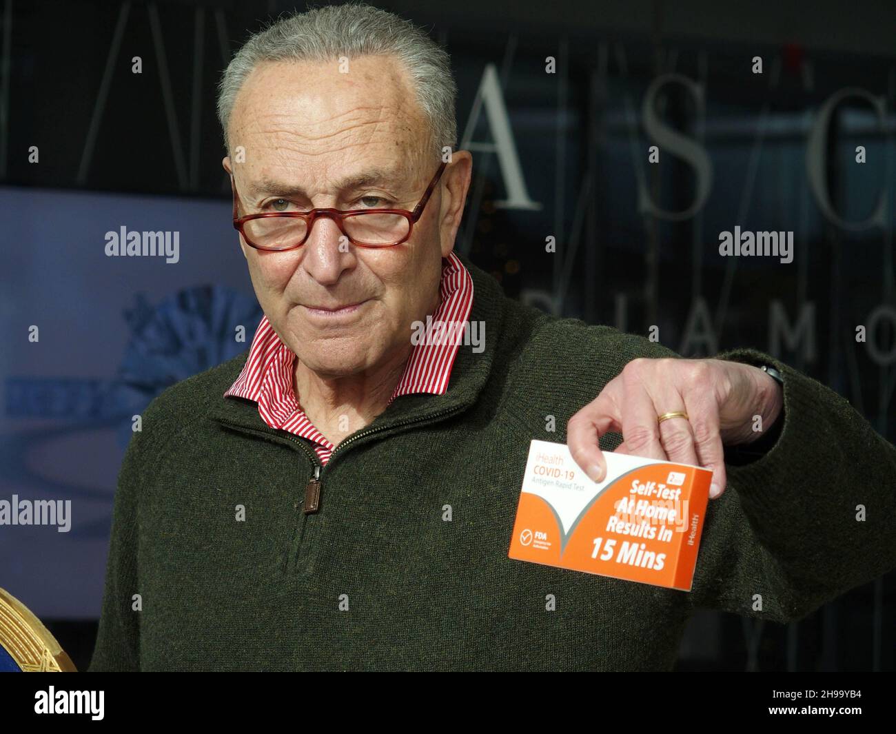 December 5, 2021, New York, New York, USA: New York Senator Charles ''Chuck'' Schumer press conference on  COVIDâ€™s Omicron variant spreading, U.S. Senator Charles Schumer said the key to controlling it centers around the at-home tests now for sale across the country. Schumer praised President Biden for prepping a plan to be released on January 15th that will have insurance companies reimburse for the cost of an at-home testâ€”but, he said, while we wait, he wants a surge of rapid at-home tests sent to New York community health centers and their mobile sites, across the City and Long Island. Stock Photo