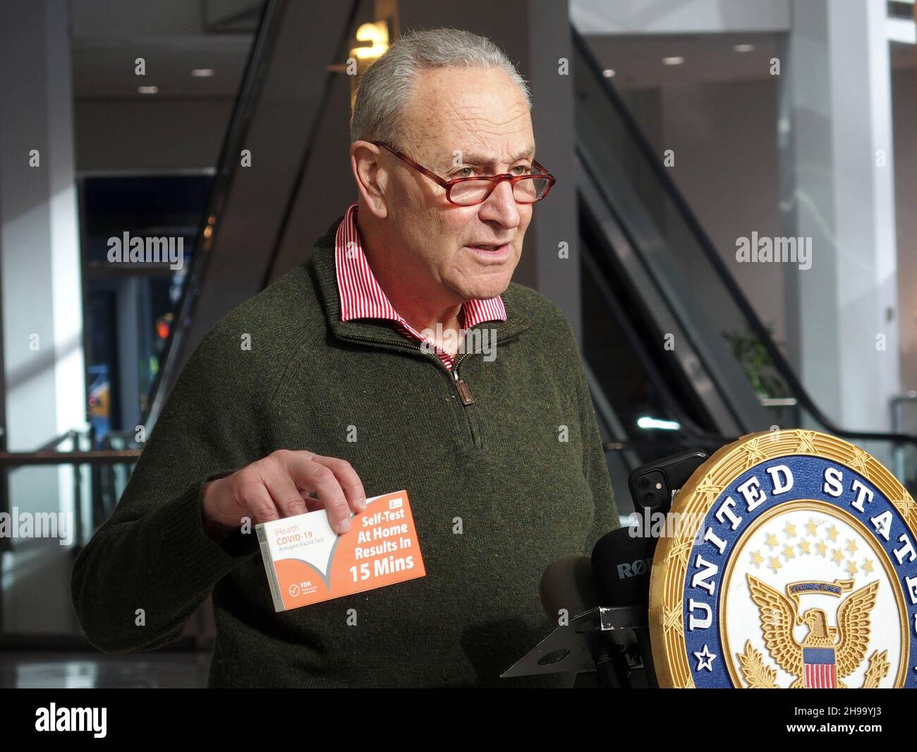 December 5, 2021, New York, New York, USA: New York Senator Charles ''Chuck'' Schumer press conference on  COVIDâ€™s Omicron variant spreading, U.S. Senator Charles Schumer said the key to controlling it centers around the at-home tests now for sale across the country. Schumer praised President Biden for prepping a plan to be released on January 15th that will have insurance companies reimburse for the cost of an at-home testâ€”but, he said, while we wait, he wants a surge of rapid at-home tests sent to New York community health centers and their mobile sites, across the City and Long Island. Stock Photo