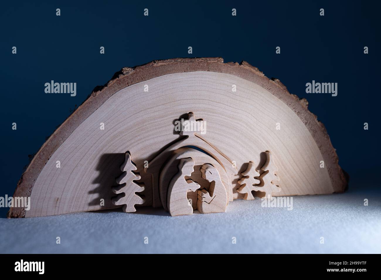 Christmas nativity scene of Jesus birth carved out of wood Stock Photo