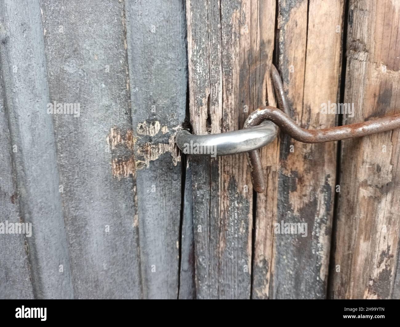 rusty old hook on weathered wooden barn door. Stock Photo