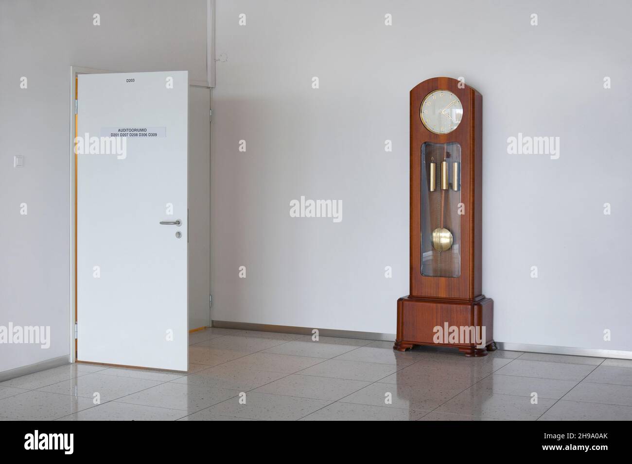 A large modern grandfather clock with weights and pendulum in a white