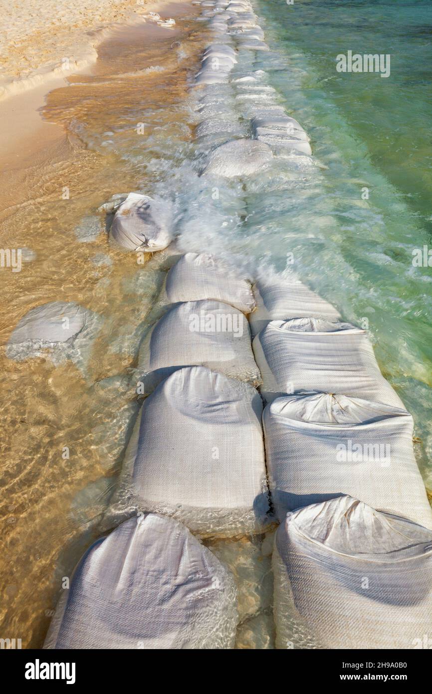 Sandbags in rows at the water's edge to prevent erosion of the beach