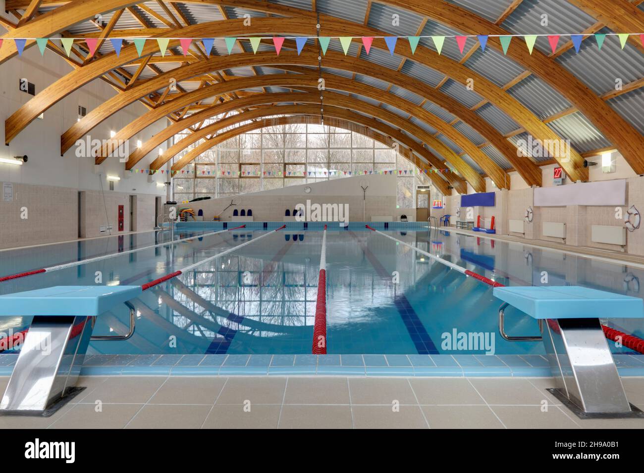 Indoor swimming pool, starting block, diving block and marked lanes