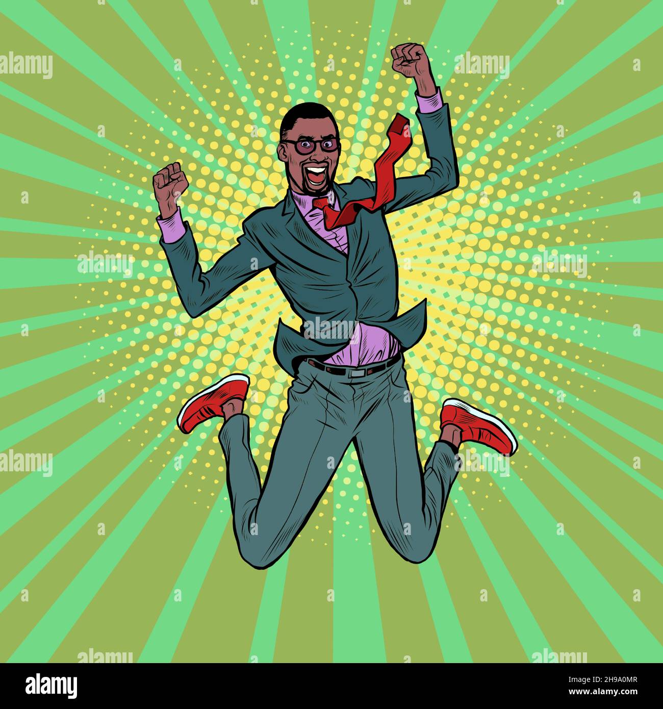 black Businessman jump of joy, victory. Successful dent. Man in a business suit in a funny pose of joy Stock Vector