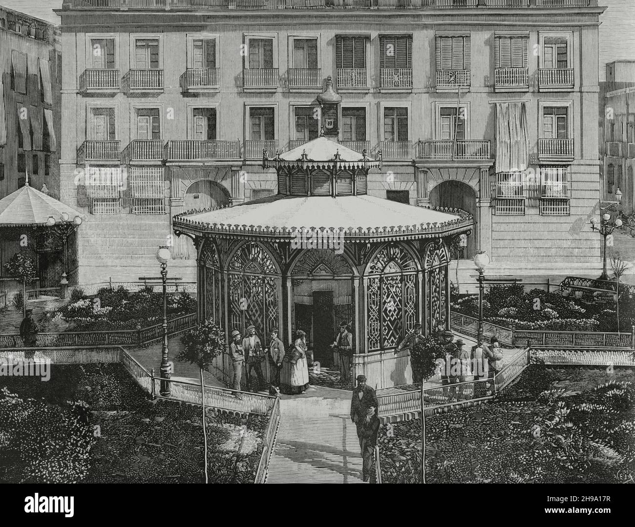 Spain, Alicante. Drinking water supply. Kiosk where the first public fountain was established. Inaugurated in 1881. Engraving by Vela. La Ilustración Española y Americana, 1882. Stock Photo