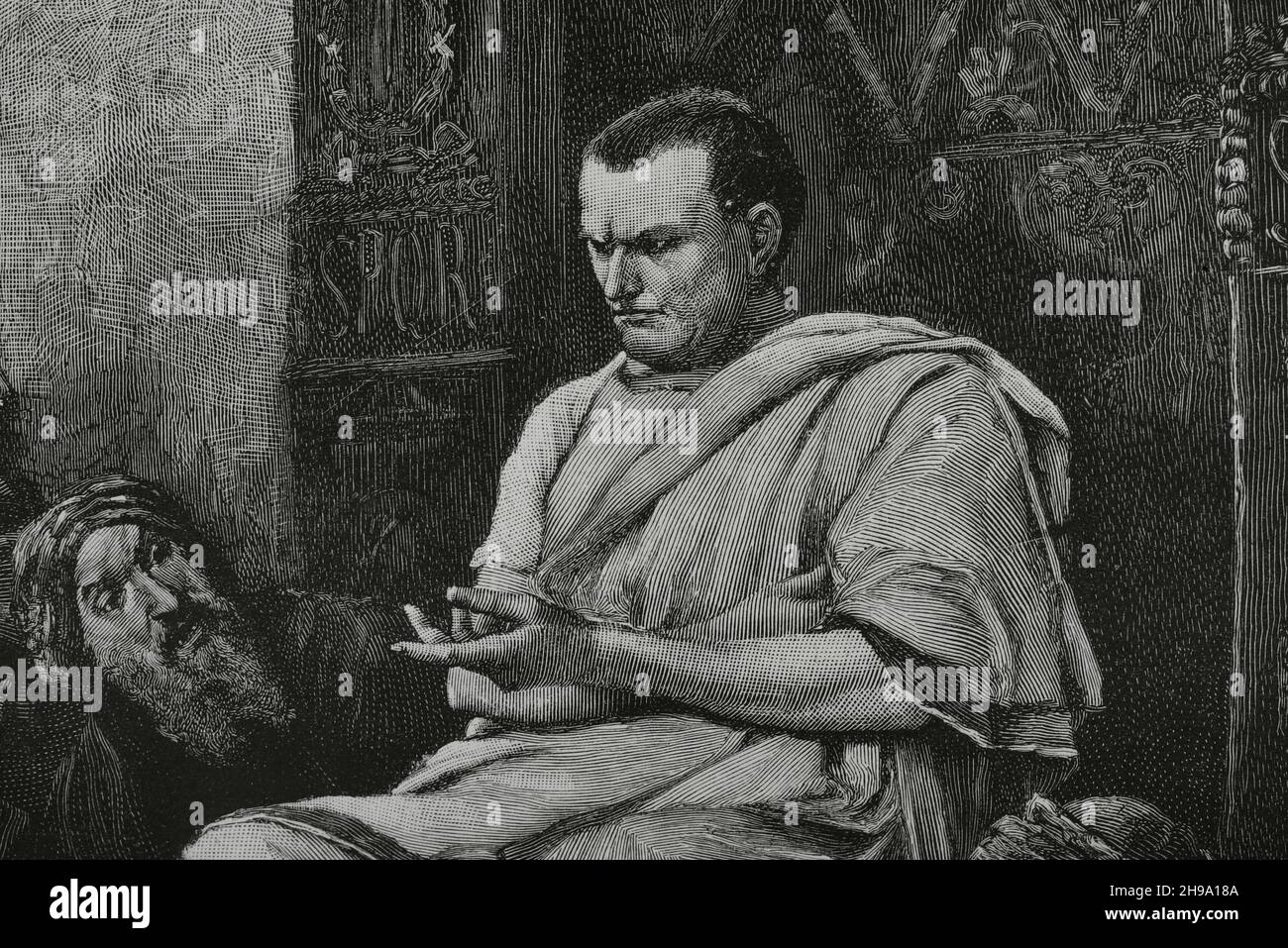 Pontius Pilate. Fifth governor of the Roman province of Judaea (26-36 AD), under reign of emperor Tiberius. Pilate presided the trial of Jesus and later ordered his crucifixion. Engraving by Baude after the painting 'Christ in front of Pilate' by Muckassy. Detail. La Ilustración Española y Americana, 1882. Stock Photo