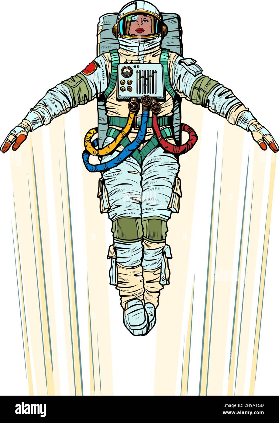 A female astronaut is flying upwards at high speed, like a rocket or an airplane. She opened her hands, followed by a reversible trail. Science and Stock Vector