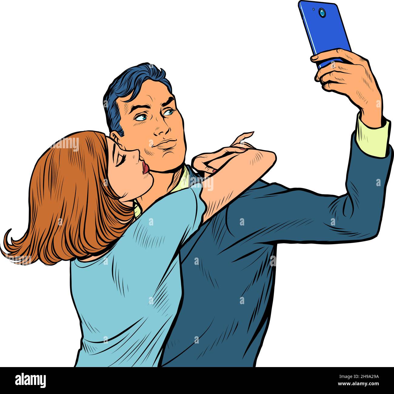 a man and a woman couple take a selfie, a couple in love Stock Vector