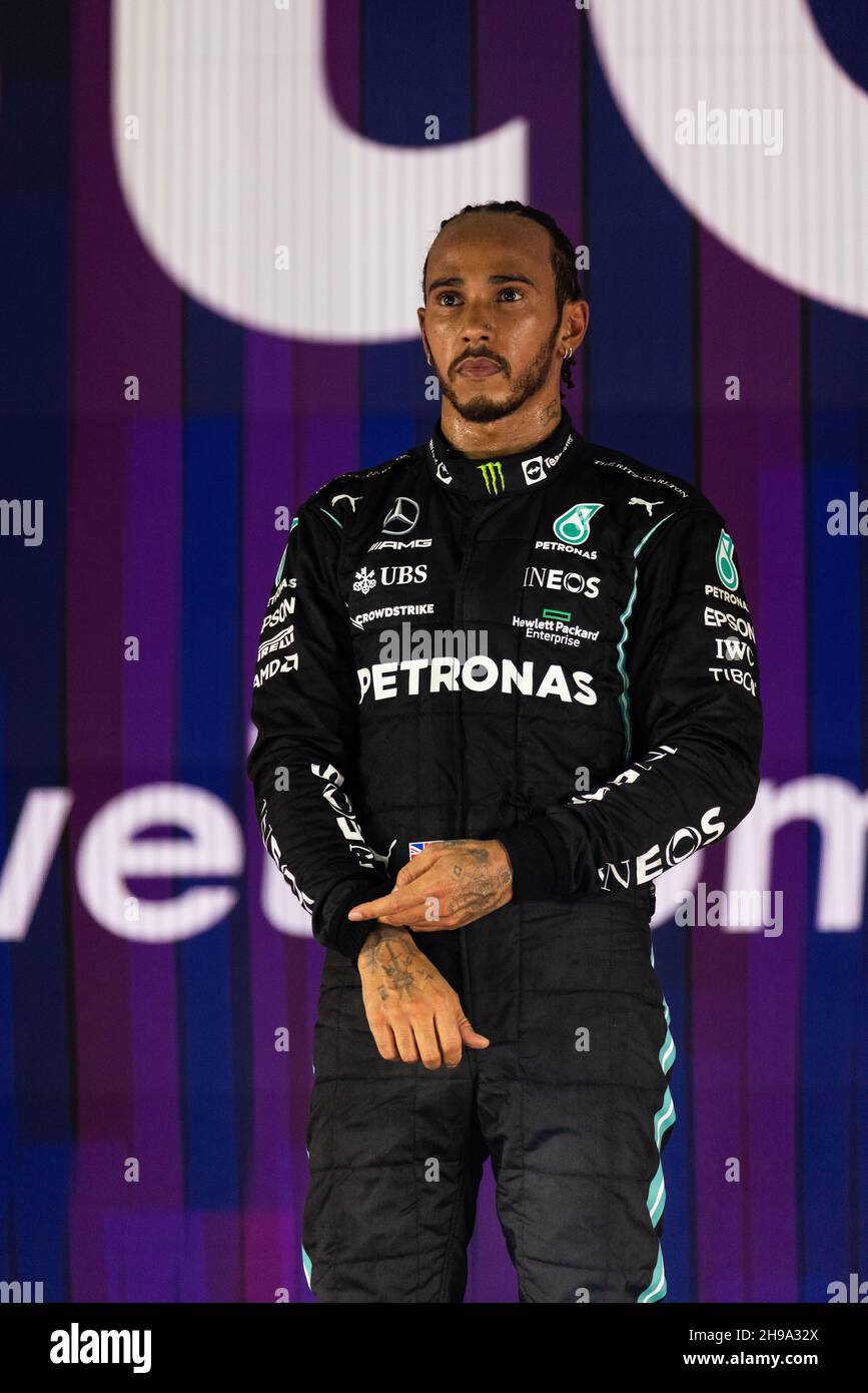 Race winner Lewis Hamilton (GBR) Mercedes AMG F1 on the podium. Saudi ...